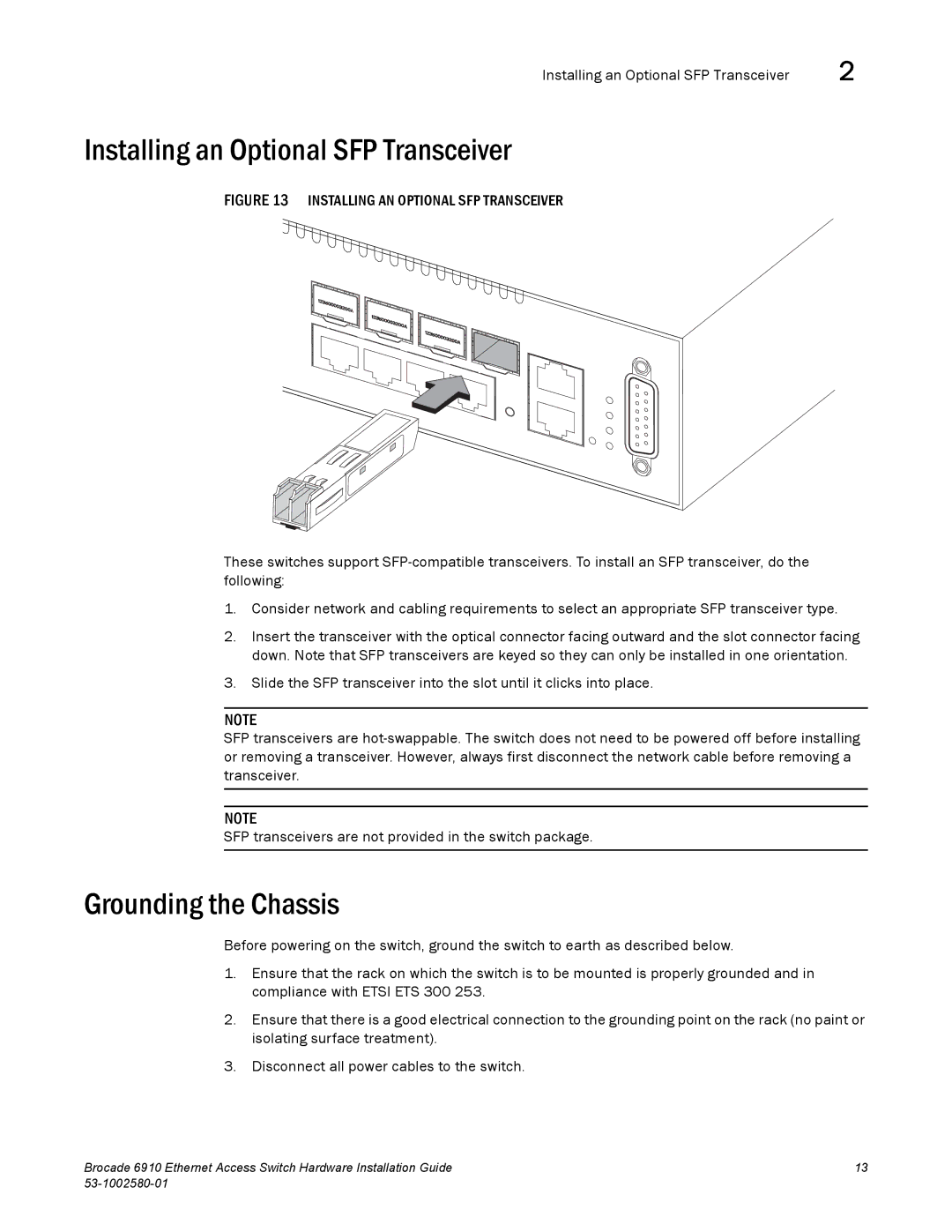 Brocade Communications Systems 53-1002580-01 manual Installing an Optional SFP Transceiver, Grounding the Chassis 