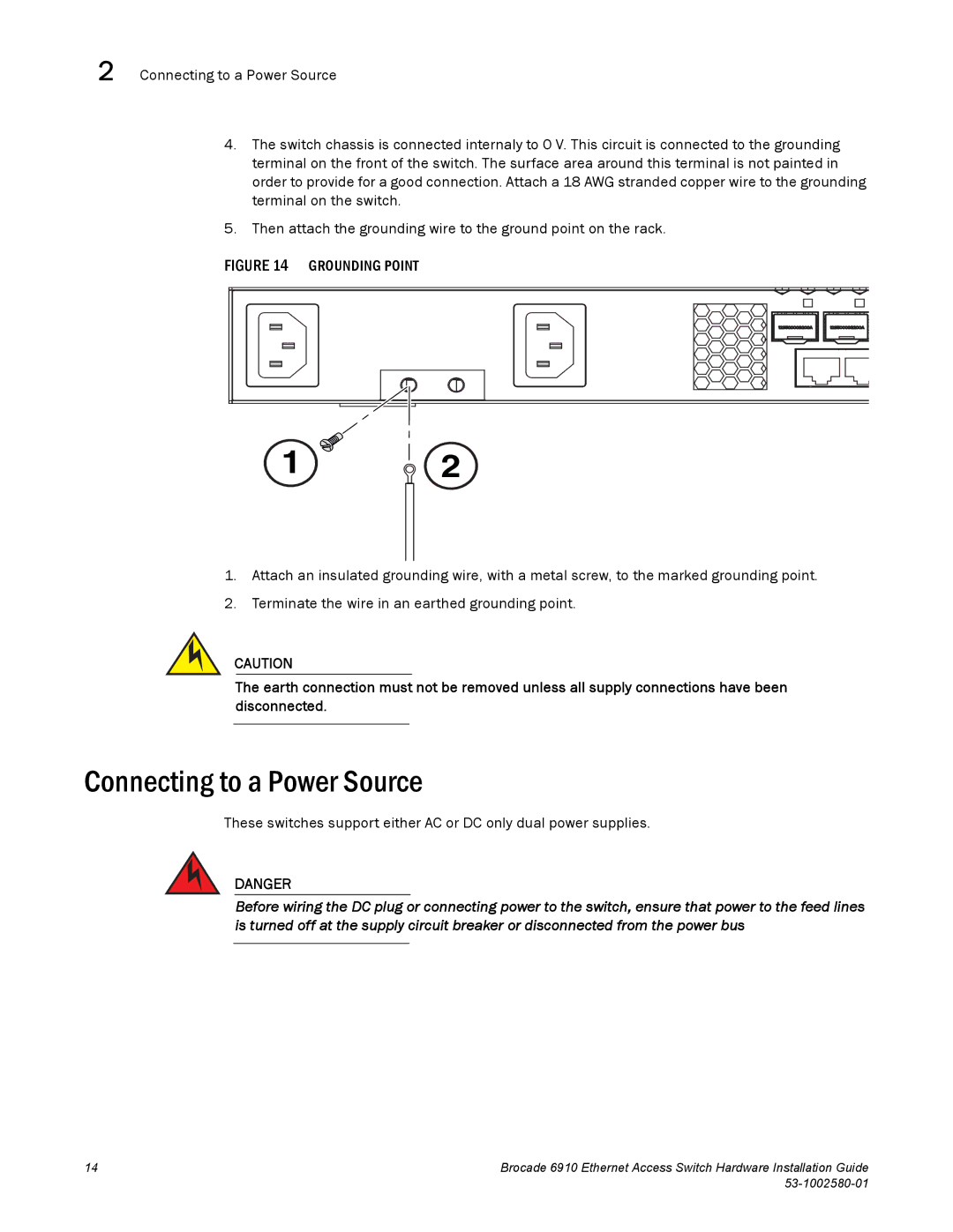 Brocade Communications Systems 53-1002580-01 manual Connecting to a Power Source, Grounding Point 