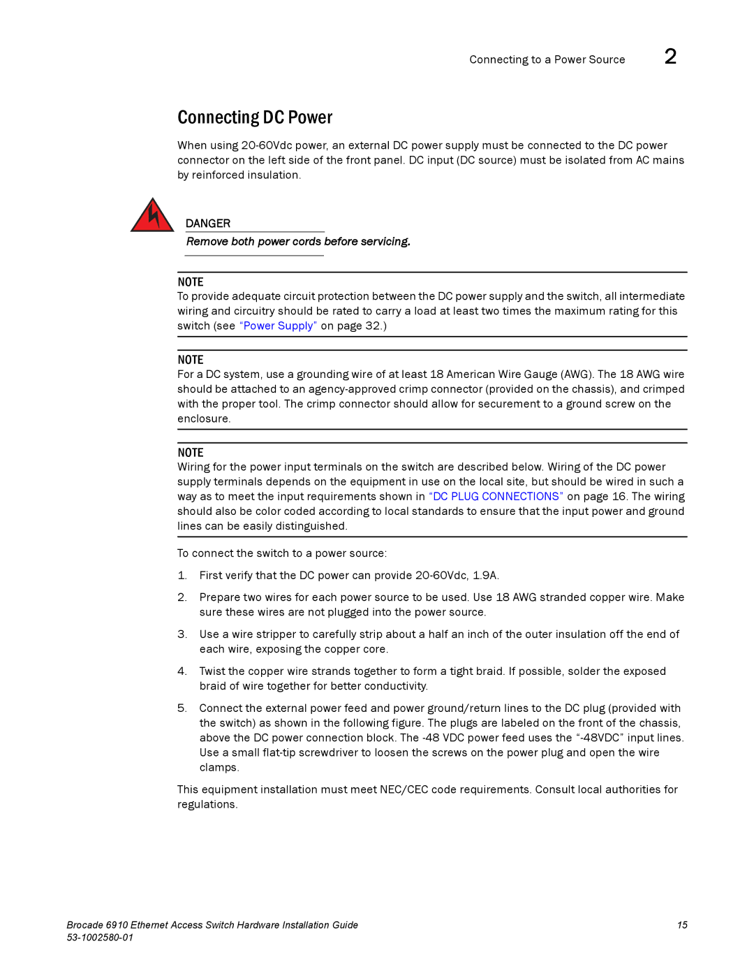 Brocade Communications Systems 53-1002580-01 manual Connecting DC Power, Remove both power cords before servicing 