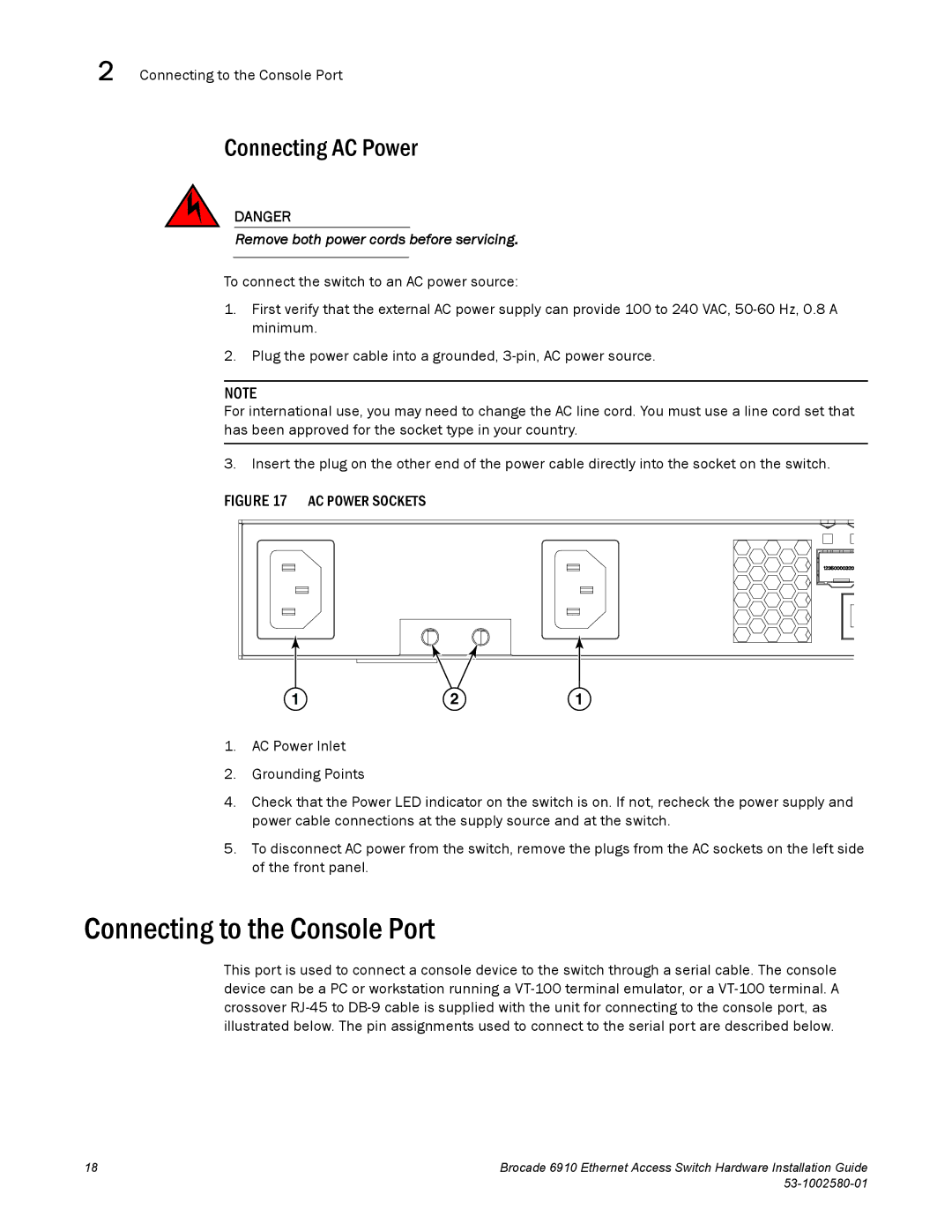 Brocade Communications Systems 53-1002580-01 manual Connecting to the Console Port, Connecting AC Power 