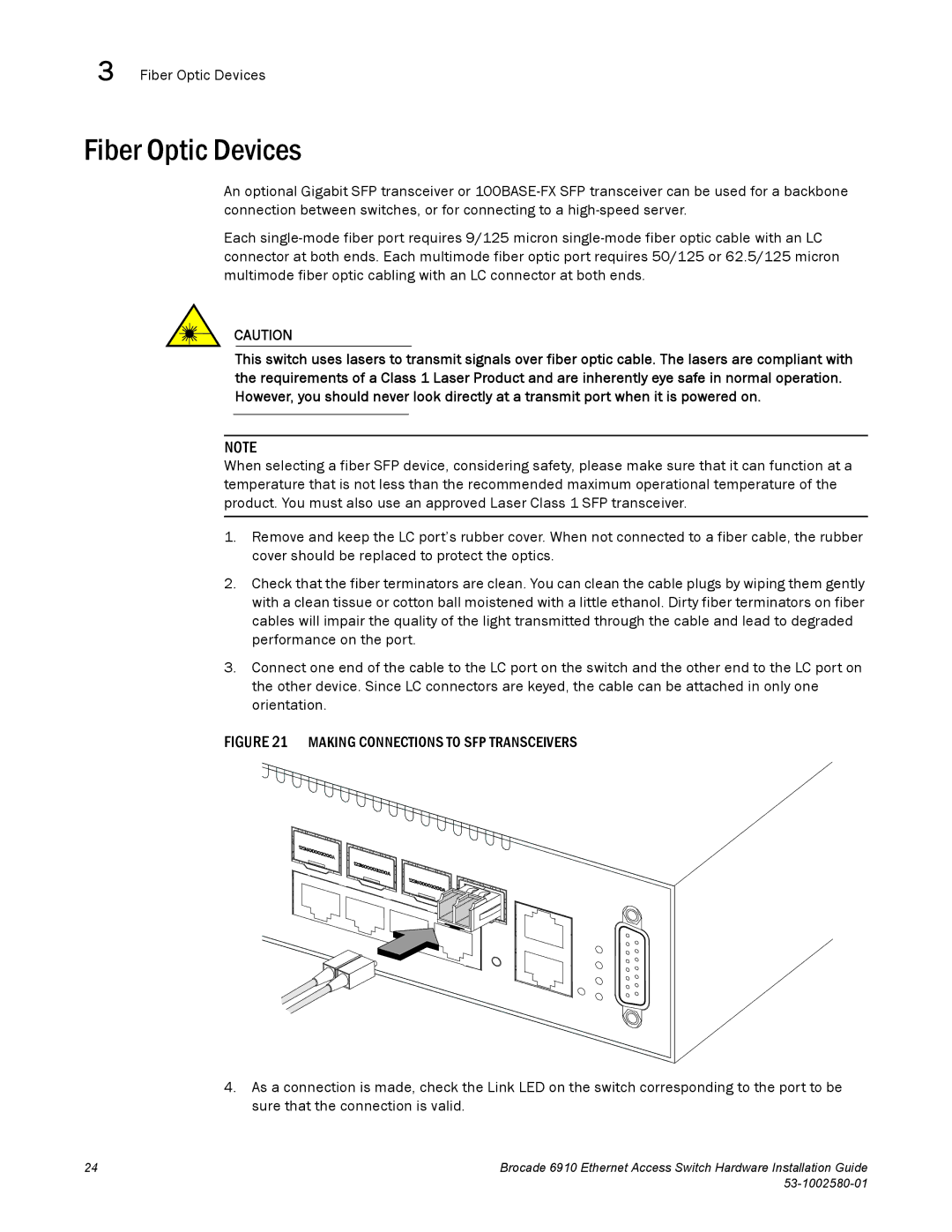 Brocade Communications Systems 53-1002580-01 manual Fiber Optic Devices, Making Connections to SFP Transceivers 