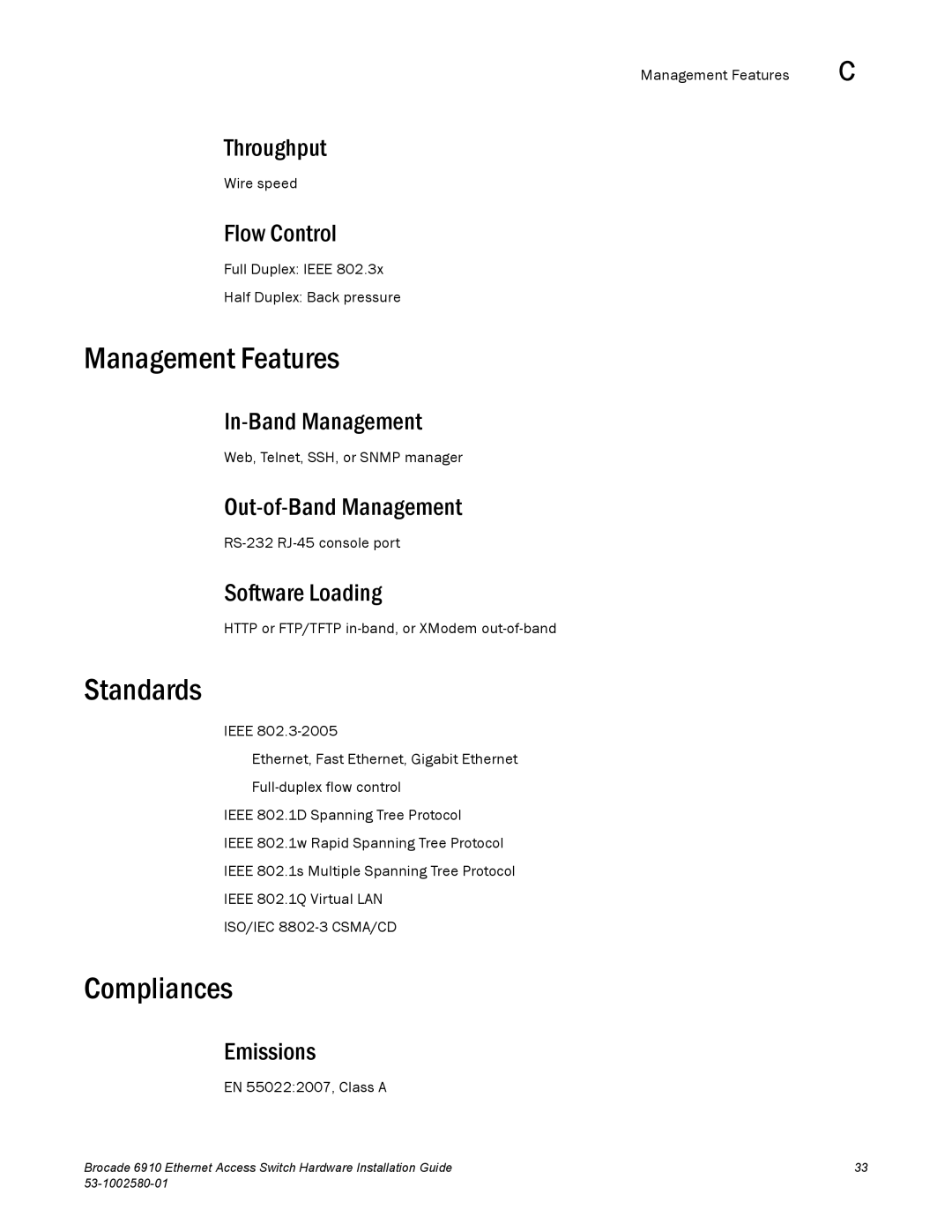 Brocade Communications Systems 53-1002580-01 manual Management Features, Standards, Compliances 