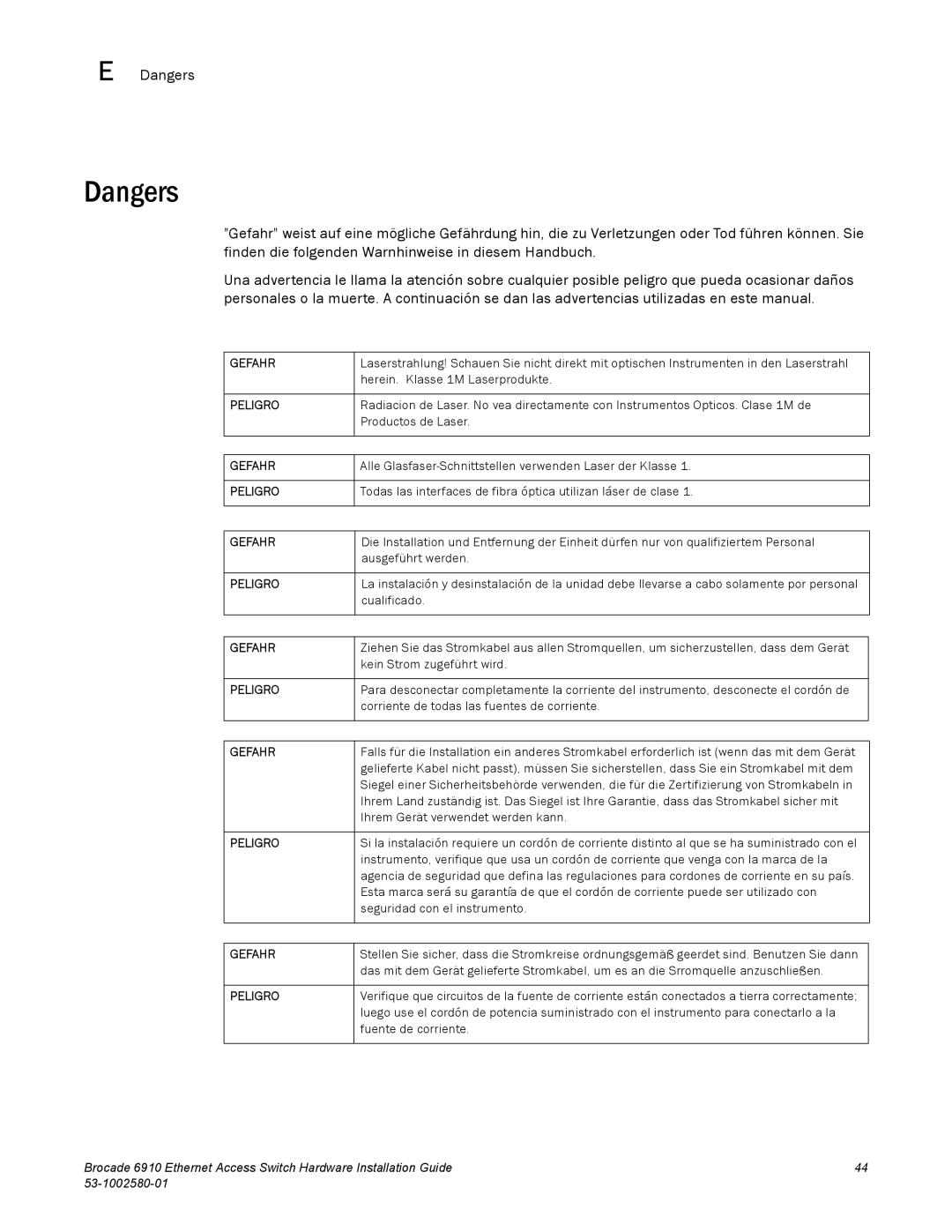 Brocade Communications Systems 53-1002580-01 manual Gefahr 