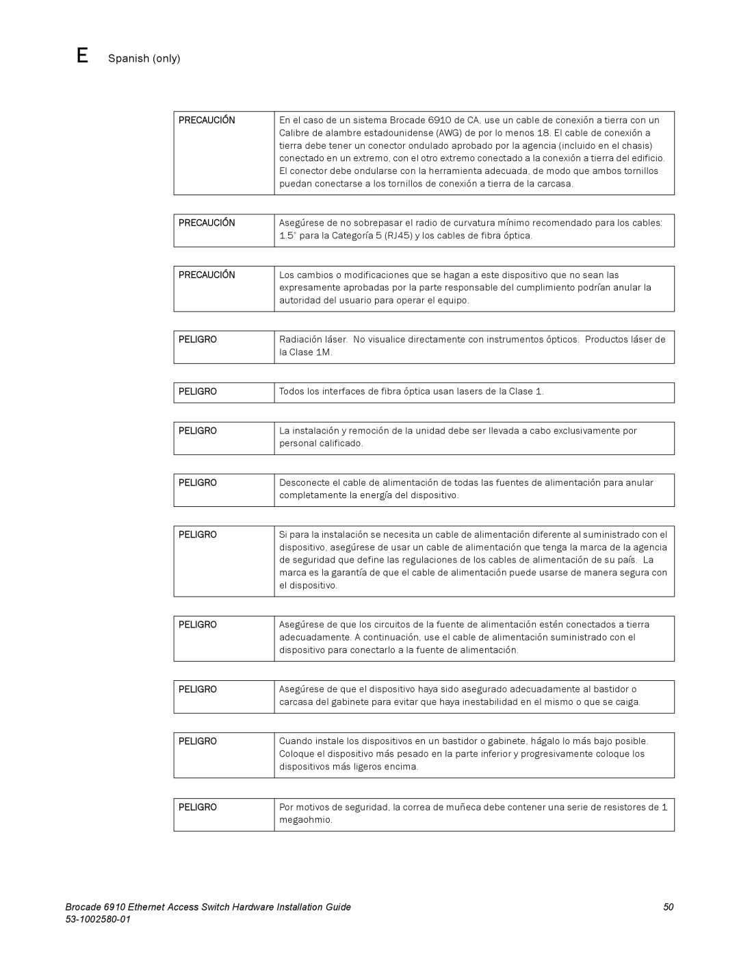 Brocade Communications Systems 53-1002580-01 manual Para la Categoría 5 RJ45 y los cables de fibra óptica 