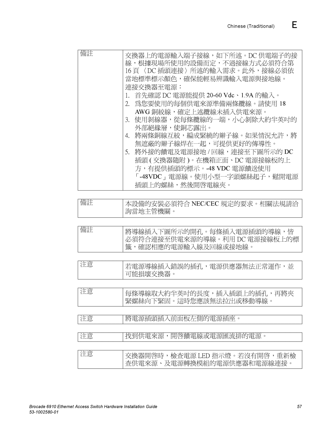 Brocade Communications Systems 53-1002580-01 manual 將外接的饋電及電源接地 / 回線，連接至下圖所示的 Dc 插頭 交換器隨附 。在機箱正面、Dc 電源接線板的上 