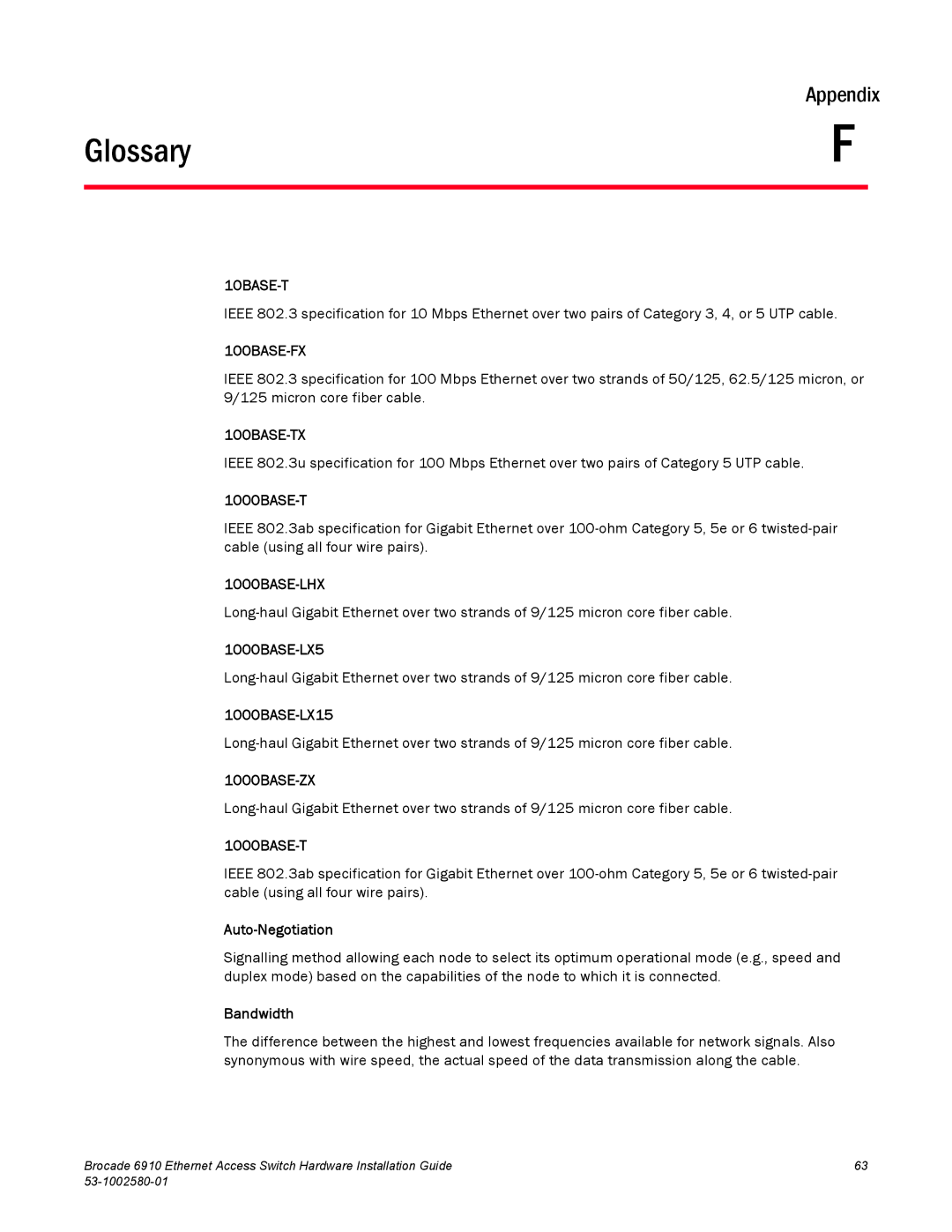 Brocade Communications Systems 53-1002580-01 manual Glossary, 10BASE-T 