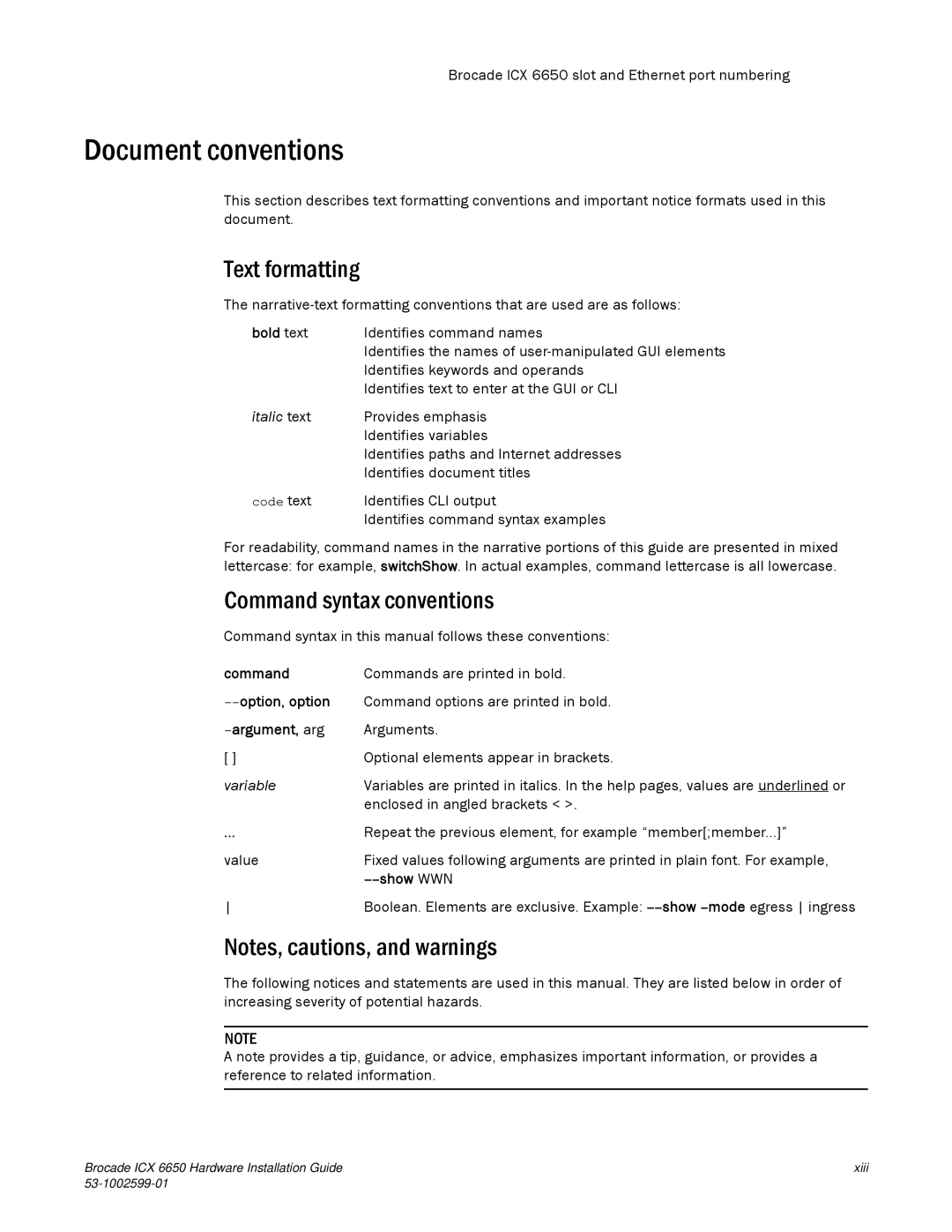 Brocade Communications Systems 53-1002599-01 manual Document conventions, Text formatting, Command syntax conventions 