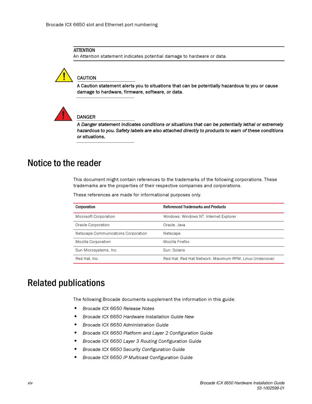 Brocade Communications Systems 53-1002599-01 manual Related publications, Corporation Referenced Trademarks and Products 