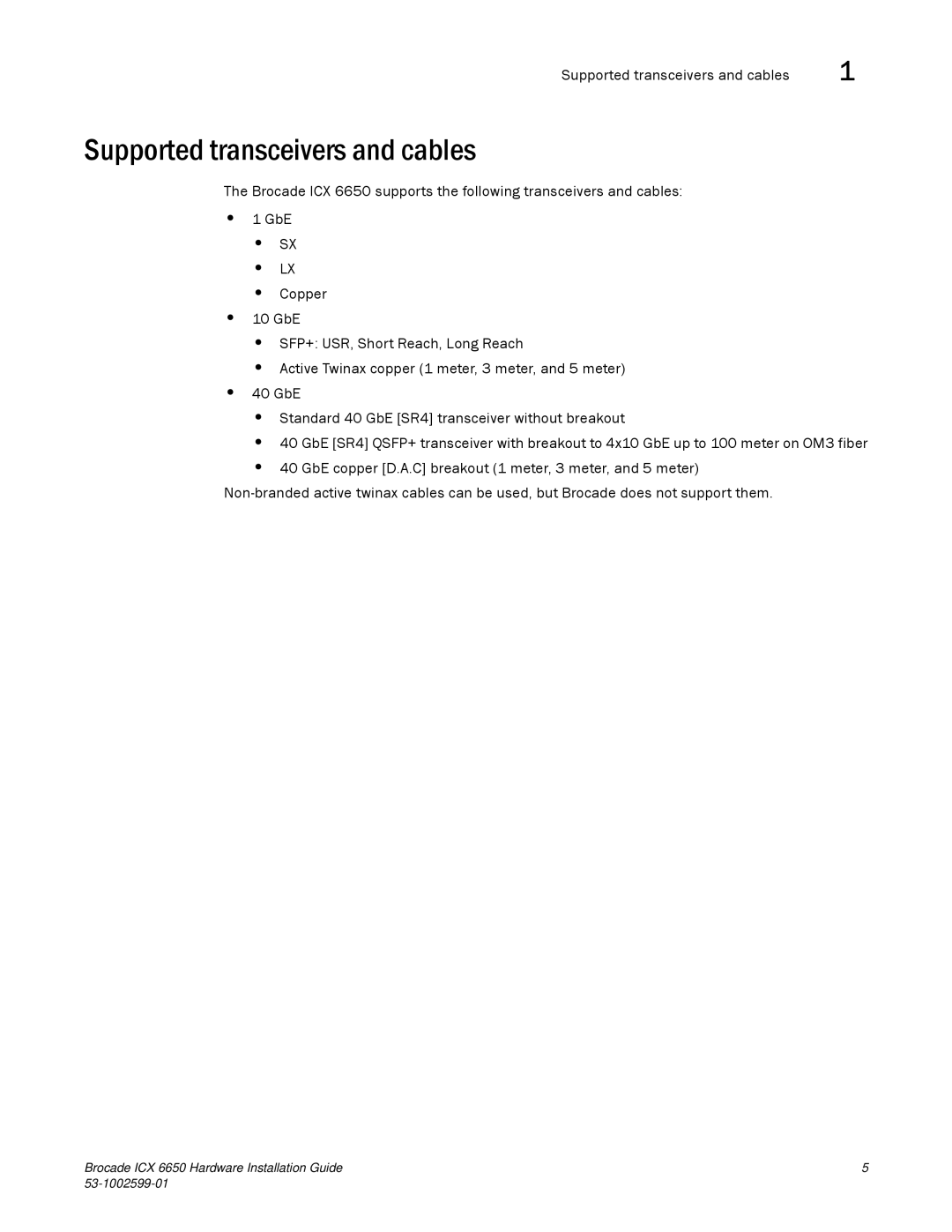 Brocade Communications Systems 53-1002599-01 manual Supported transceivers and cables 