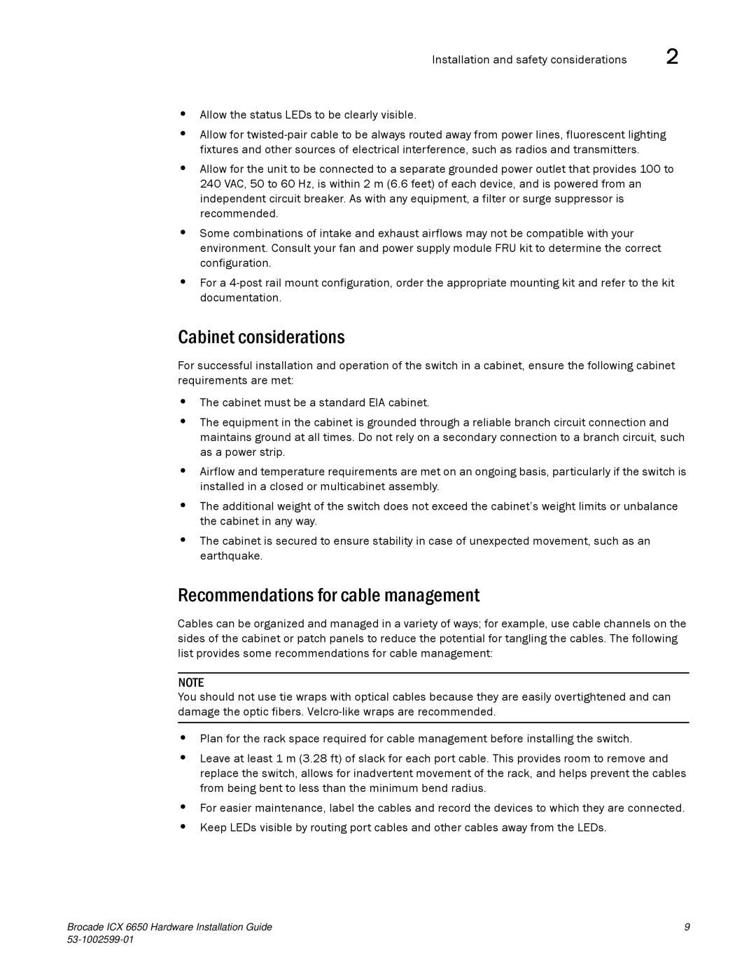 Brocade Communications Systems 53-1002599-01 manual Cabinet considerations, Recommendations for cable management 