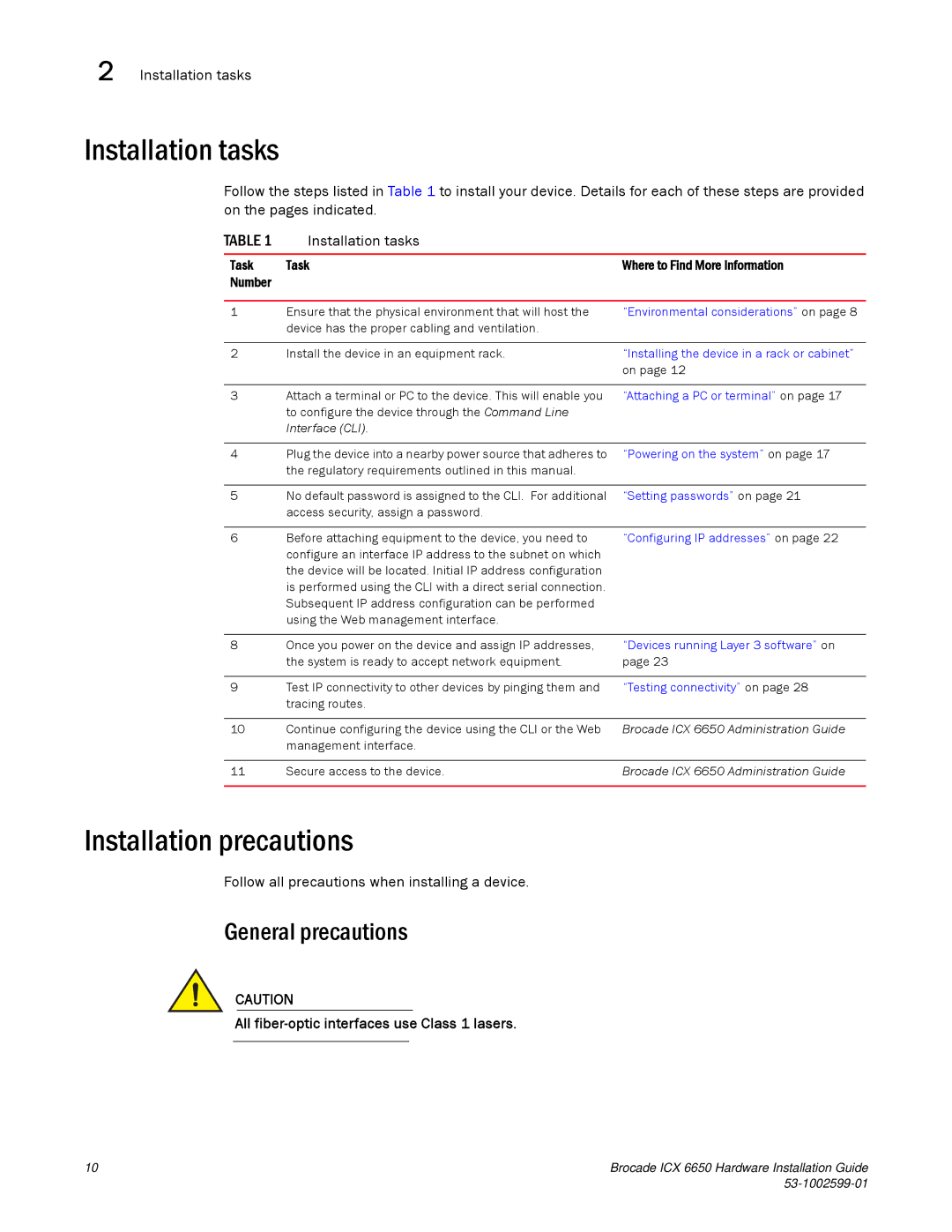 Brocade Communications Systems 53-1002599-01 manual Installation tasks, Installation precautions, General precautions 