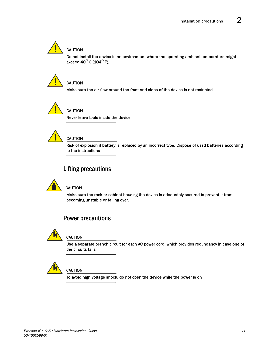 Brocade Communications Systems 53-1002599-01 manual Lifting precautions, Power precautions 