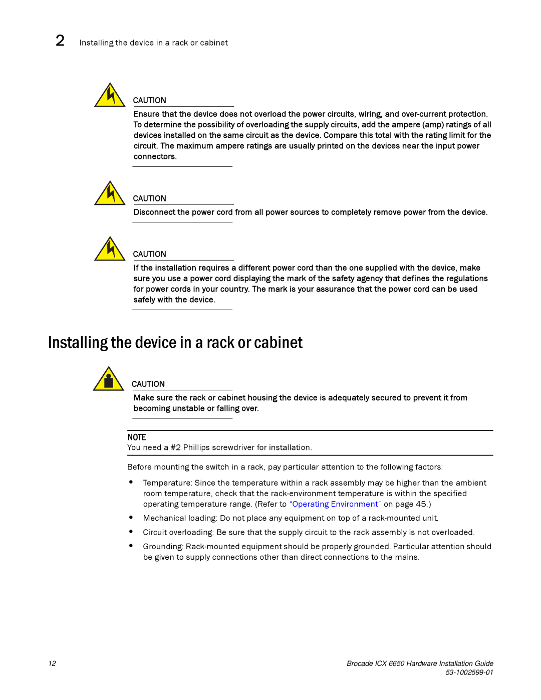 Brocade Communications Systems 53-1002599-01 manual Installing the device in a rack or cabinet 