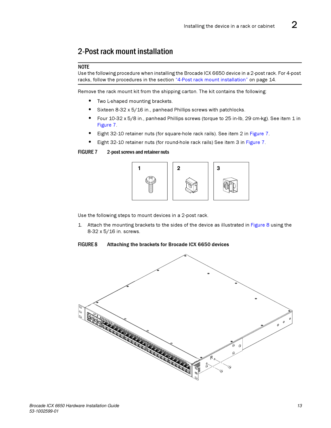 Brocade Communications Systems 53-1002599-01 manual Post rack mount installation 