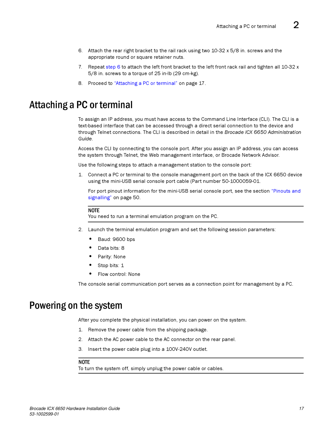 Brocade Communications Systems 53-1002599-01 manual Attaching a PC or terminal, Powering on the system 