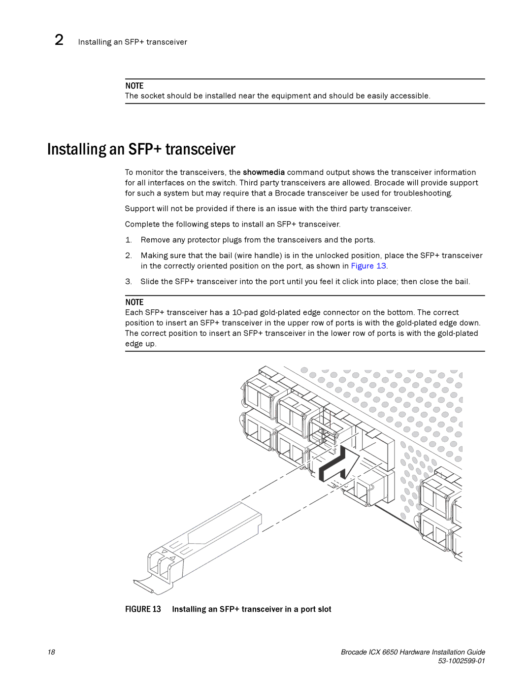 Brocade Communications Systems 53-1002599-01 manual Installing an SFP+ transceiver in a port slot 