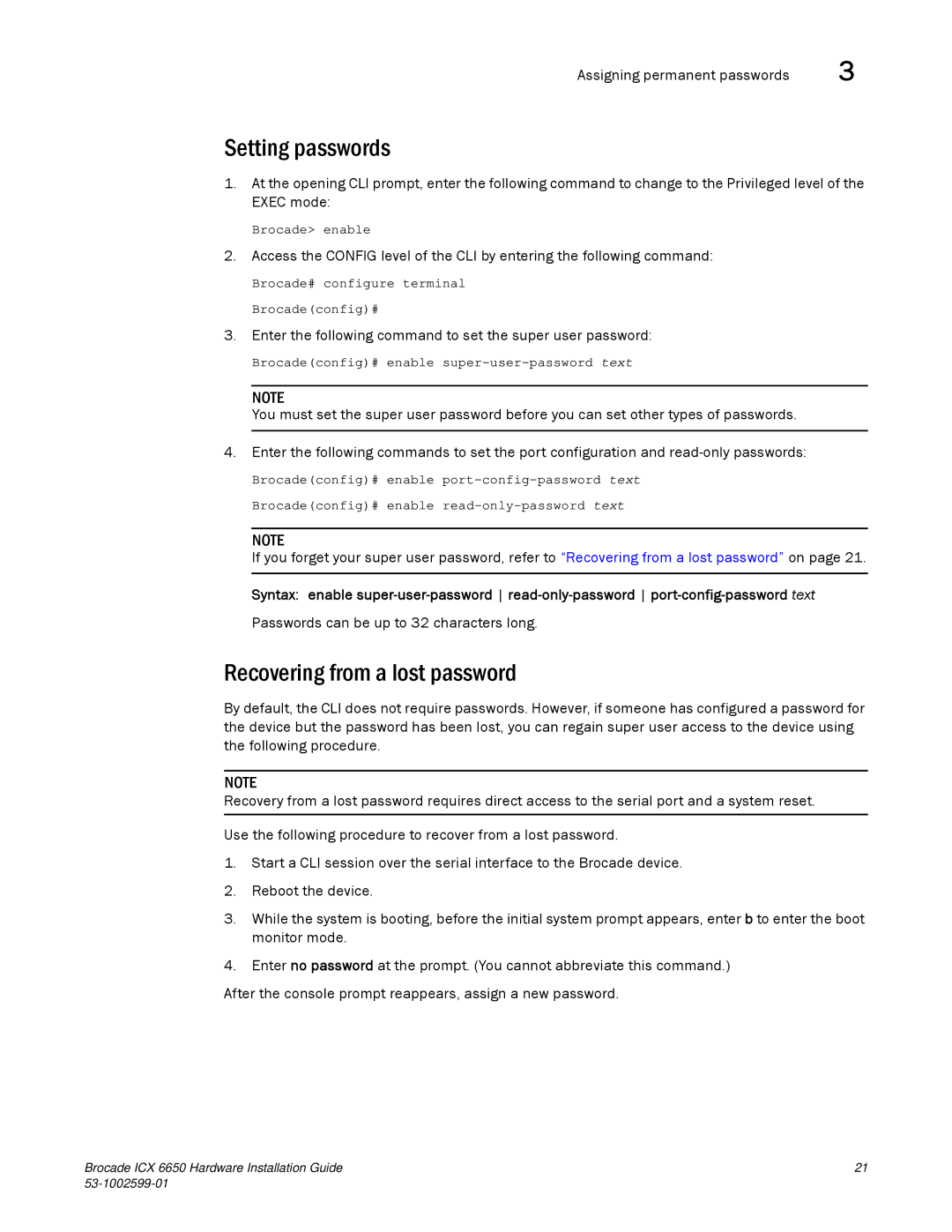 Brocade Communications Systems 53-1002599-01 manual Setting passwords, Recovering from a lost password 