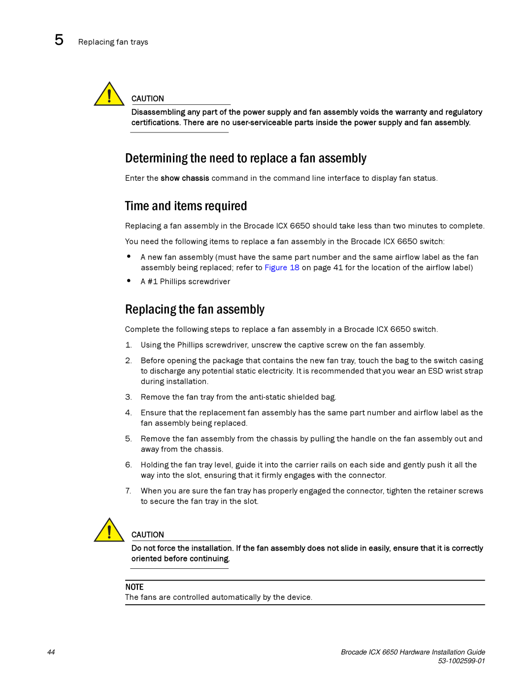 Brocade Communications Systems 53-1002599-01 Determining the need to replace a fan assembly, Replacing the fan assembly 