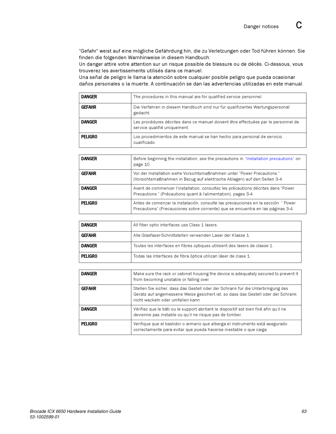 Brocade Communications Systems 53-1002599-01 manual Gefahr 