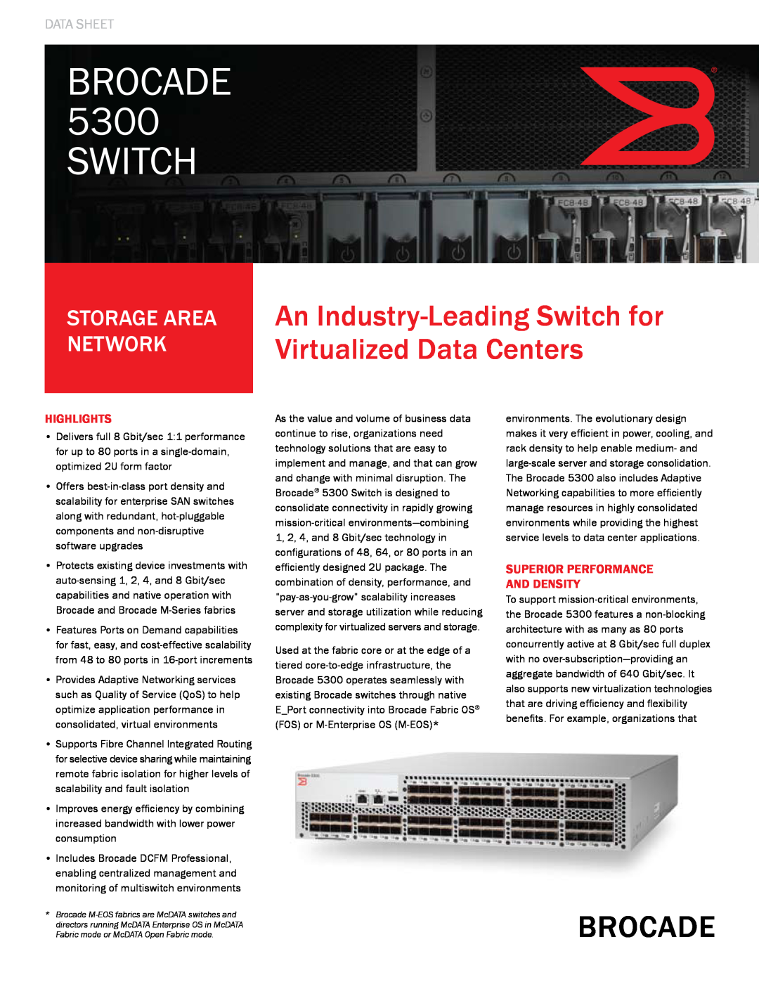Brocade Communications Systems manual Data Sheet, Highlights, Superior Performance And Density, Brocade 5300 Switch 