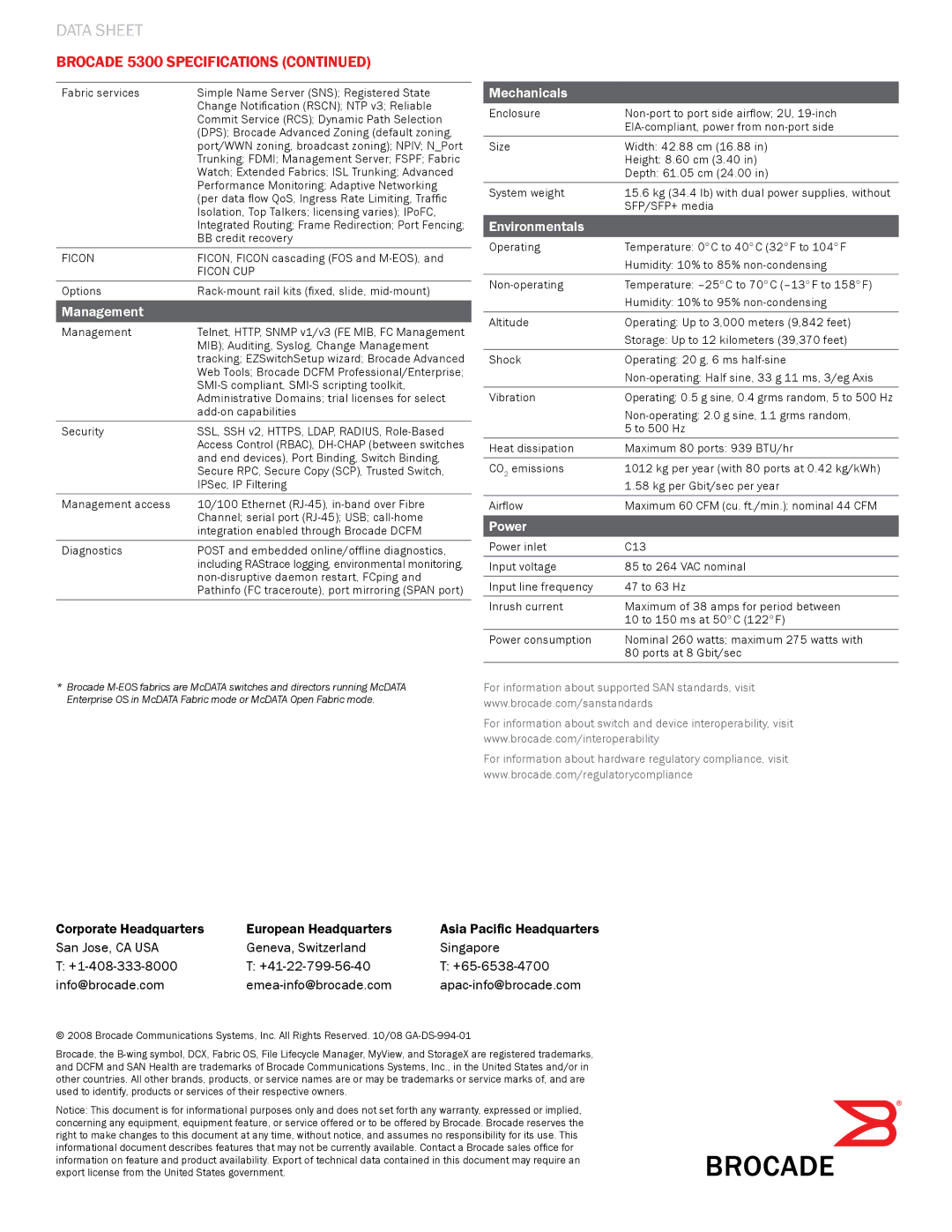 Brocade Communications Systems 5300 manual Management, Mechanicals, Environmentals, Power 