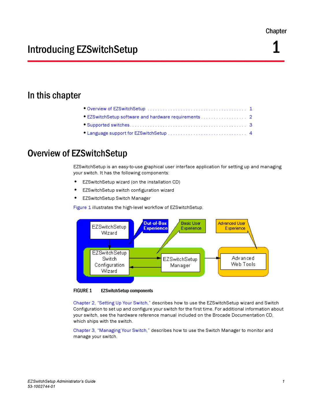 Brocade Communications Systems 6520, 6505, 8000 manual Introducing EZSwitchSetup, Overview of EZSwitchSetup 