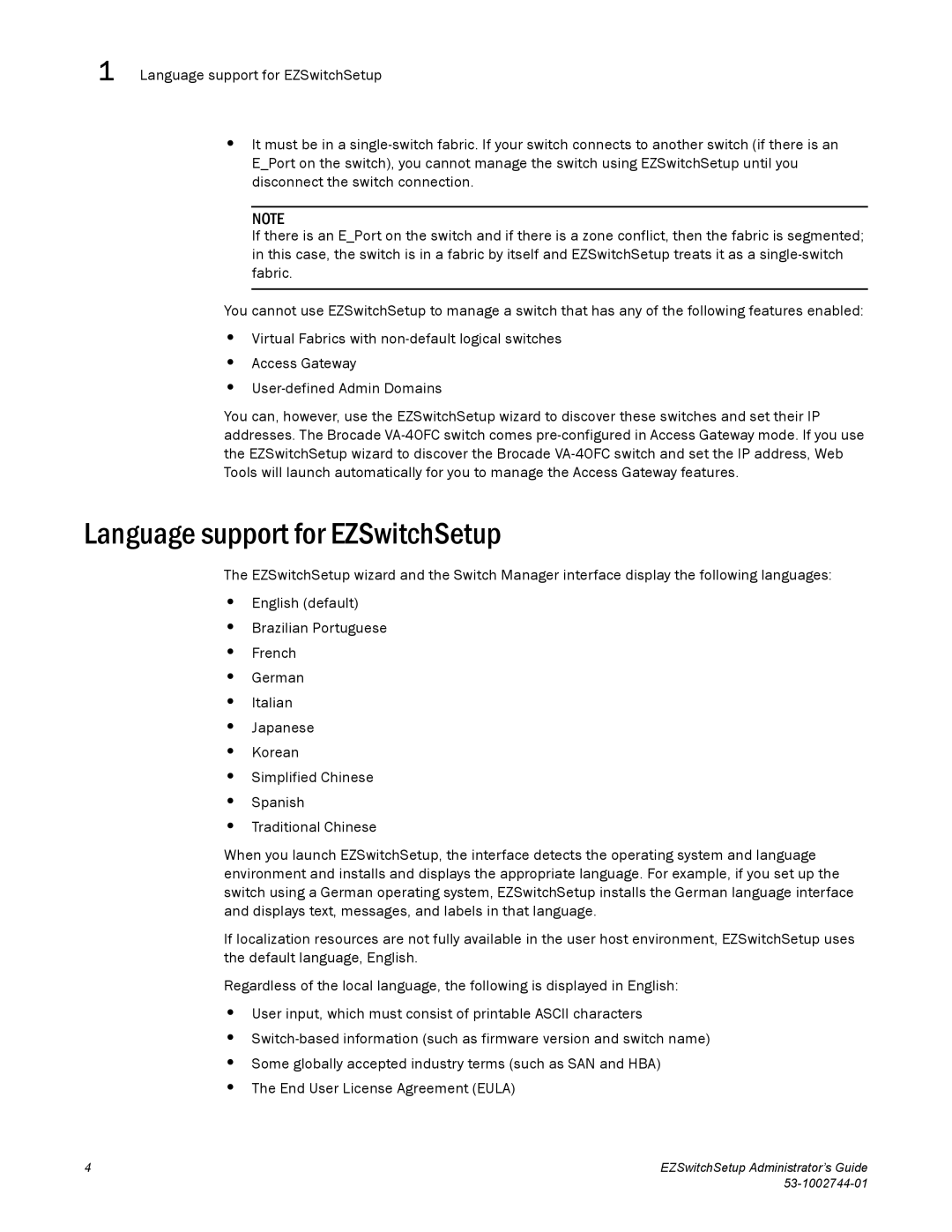 Brocade Communications Systems 6520, 6505, 8000 manual Language support for EZSwitchSetup 