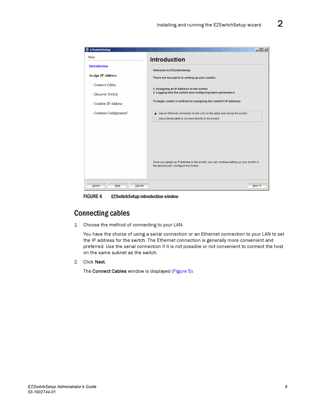 Brocade Communications Systems 8000, 6505, 6520 manual Connecting cables, EZSwitchSetup introduction window 