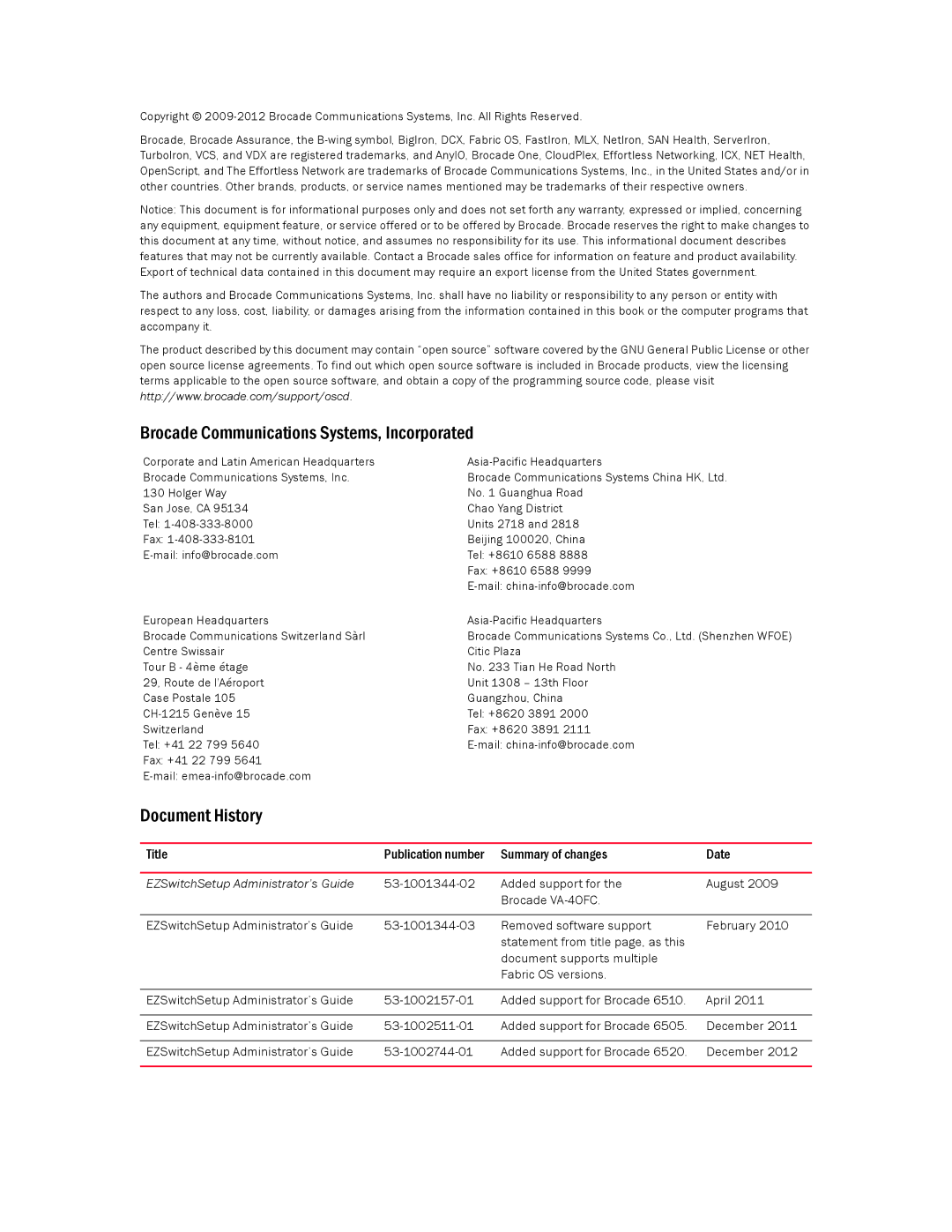 Brocade Communications Systems 6520, 6505, 8000 manual Brocade Communications Systems, Incorporated 