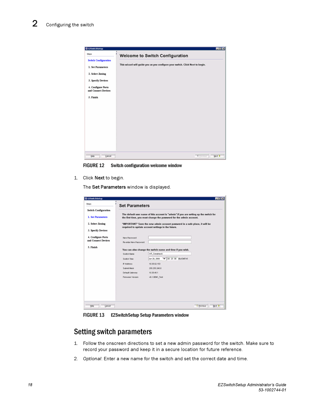 Brocade Communications Systems 8000, 6505, 6520 manual Setting switch parameters, EZSwitchSetup Setup Parameters window 