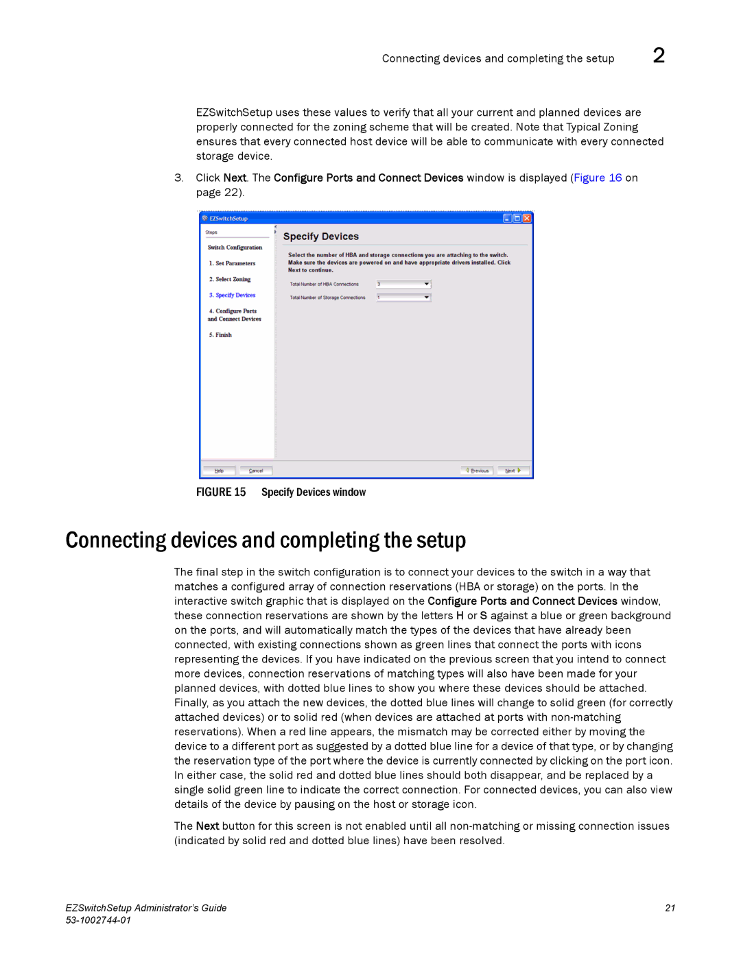 Brocade Communications Systems 8000, 6505, 6520 manual Connecting devices and completing the setup, Specify Devices window 