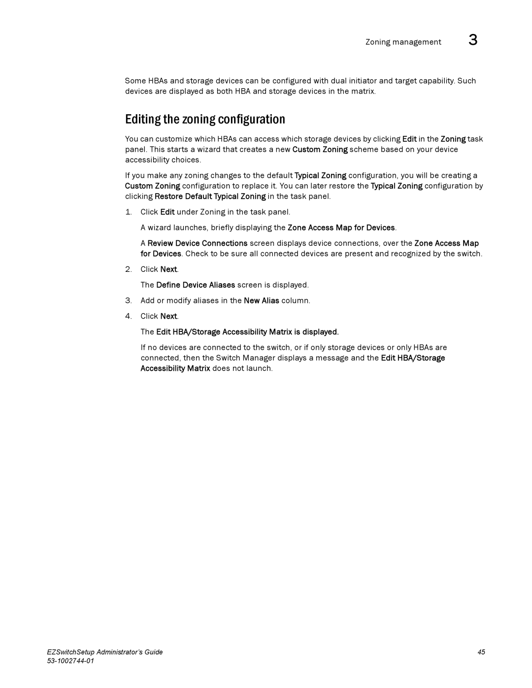 Brocade Communications Systems 8000 Editing the zoning configuration, Edit HBA/Storage Accessibility Matrix is displayed 