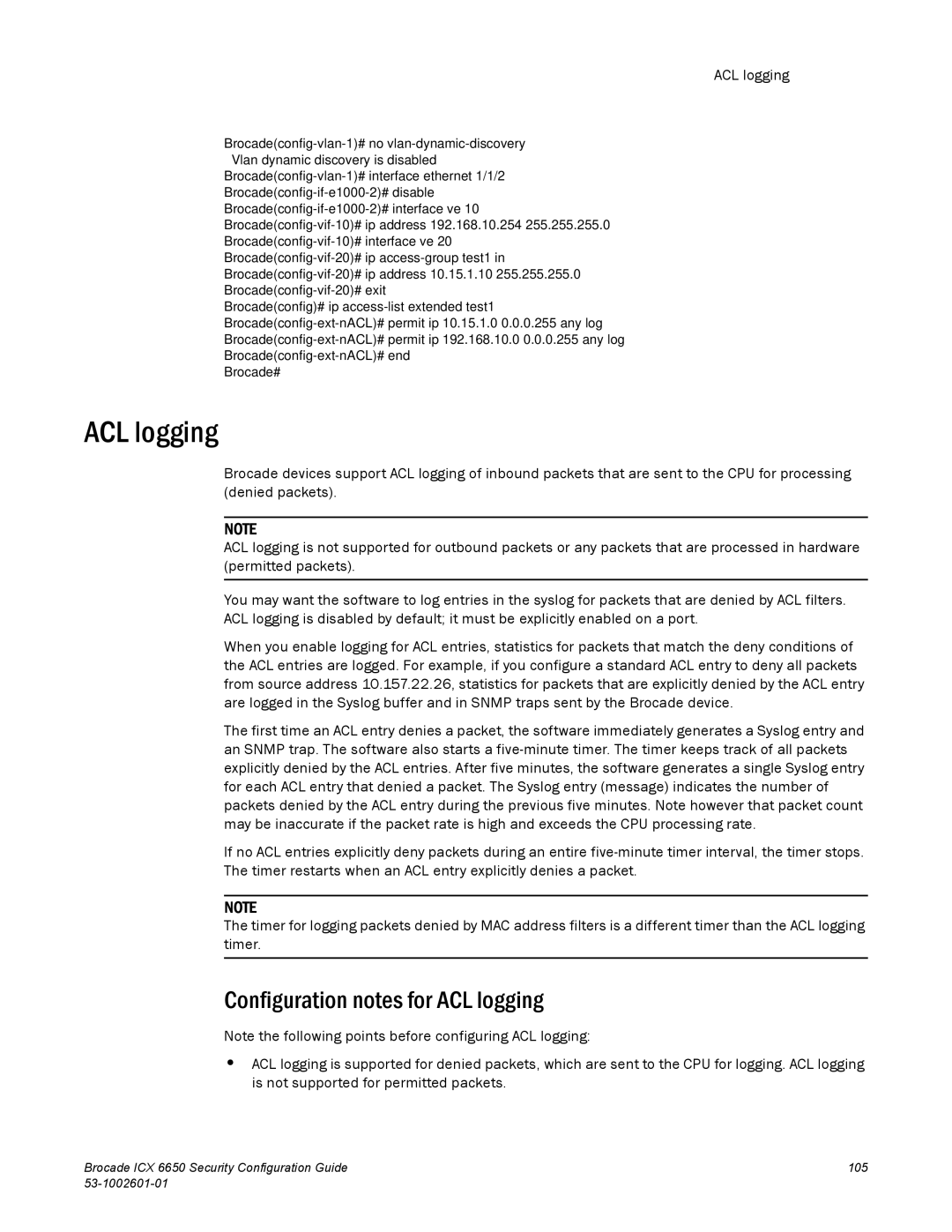 Brocade Communications Systems 6650 manual Configuration notes for ACL logging 