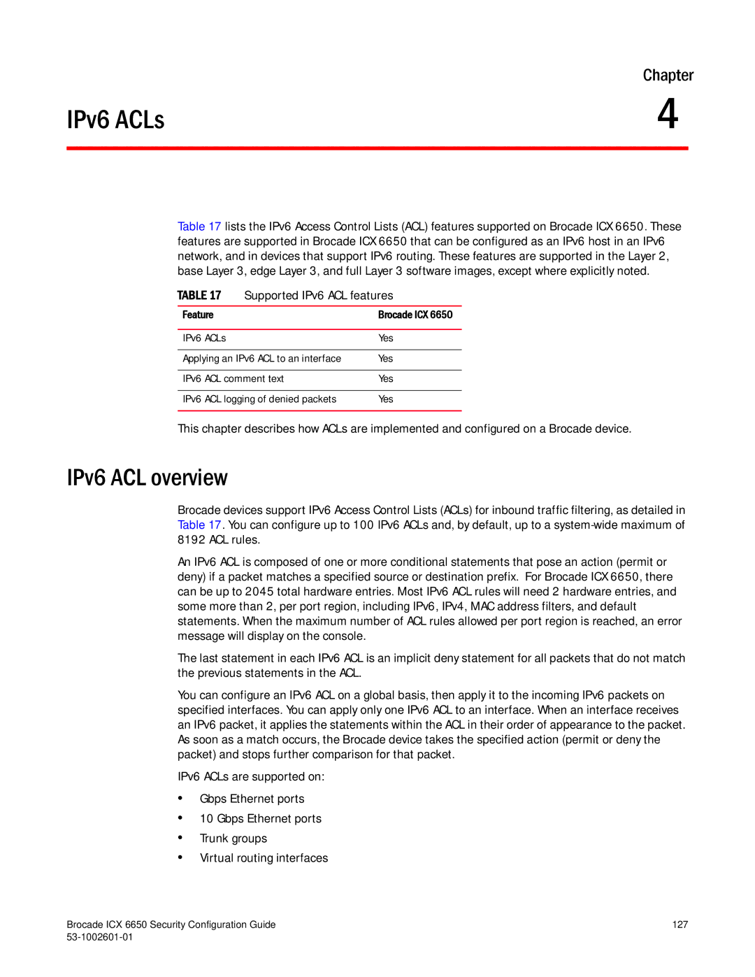 Brocade Communications Systems 6650 manual IPv6 ACL overview, Feature 