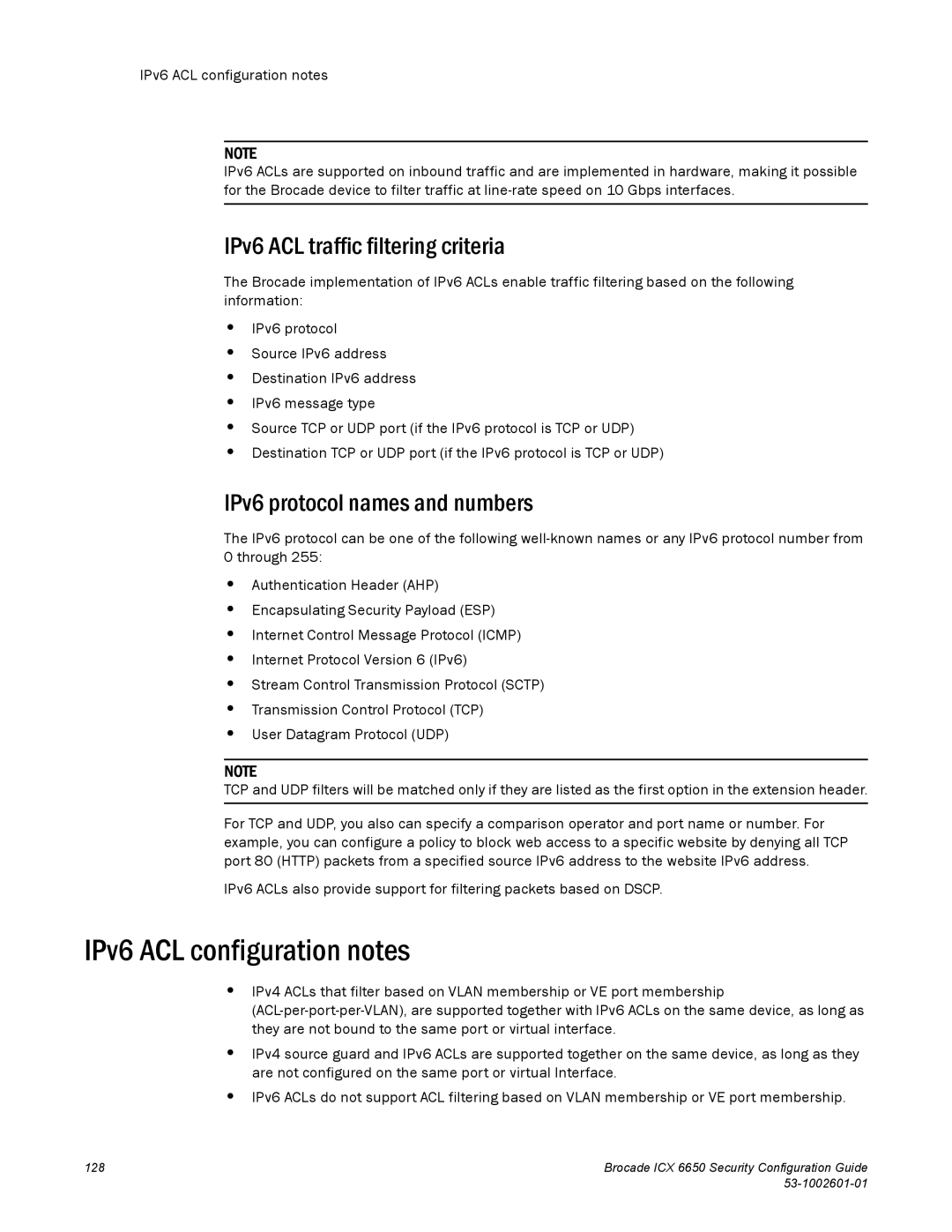 Brocade Communications Systems 6650 manual IPv6 ACL configuration notes, IPv6 ACL traffic filtering criteria 