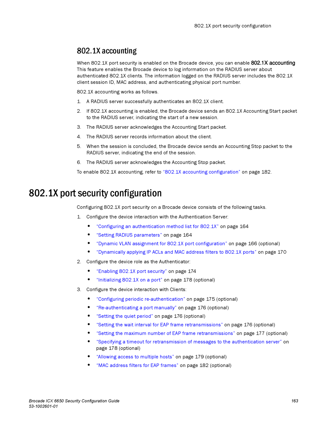 Brocade Communications Systems 6650 manual 802.1X port security configuration, 802.1X accounting 