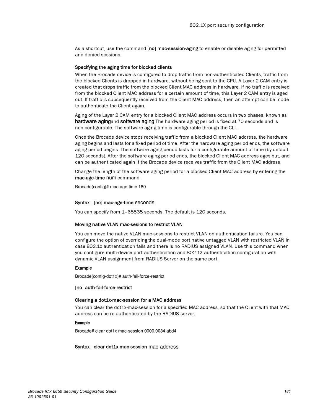 Brocade Communications Systems 6650 manual Specifying the aging time for blocked clients, Syntax no mac-age-time seconds 