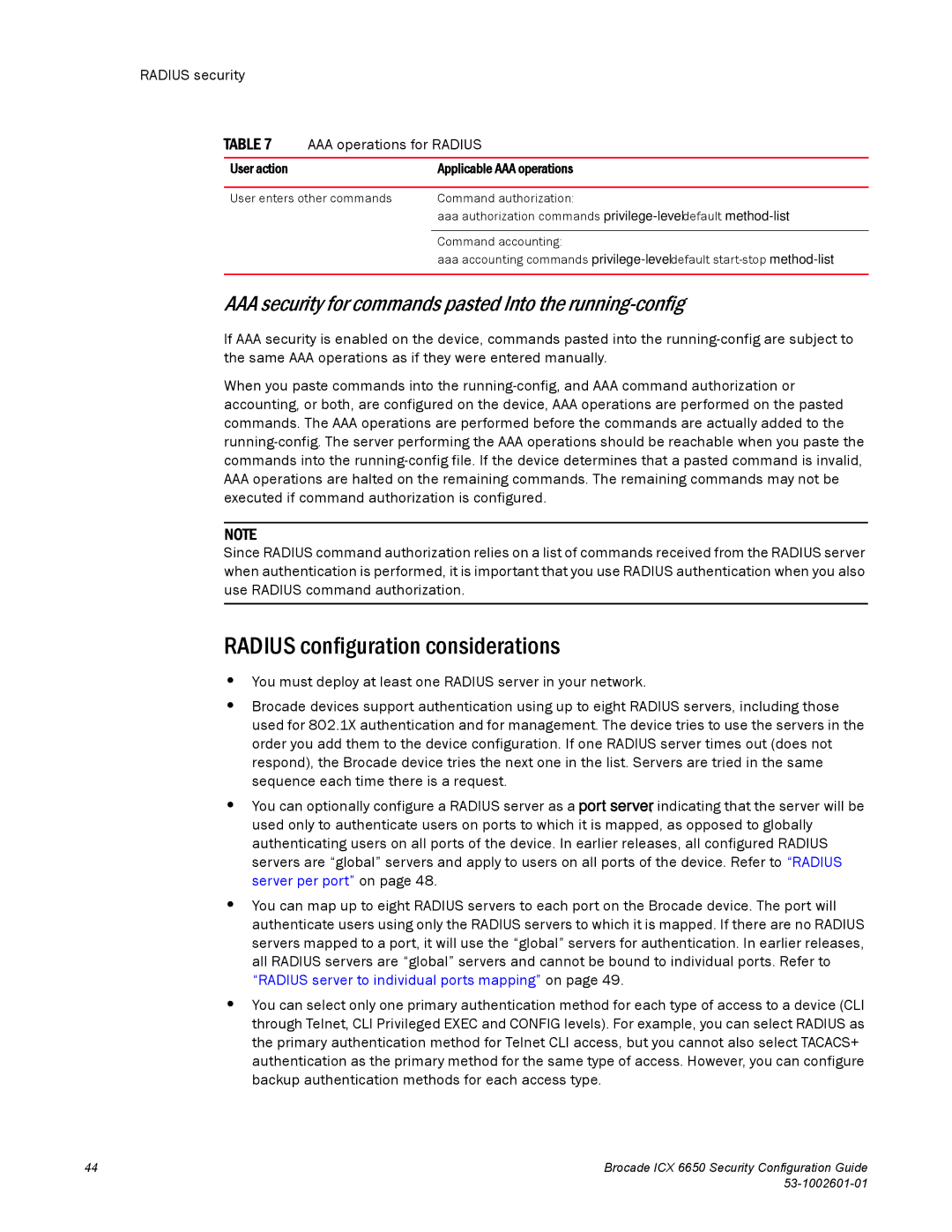 Brocade Communications Systems 6650 manual Radius configuration considerations, Radius security AAA operations for Radius 