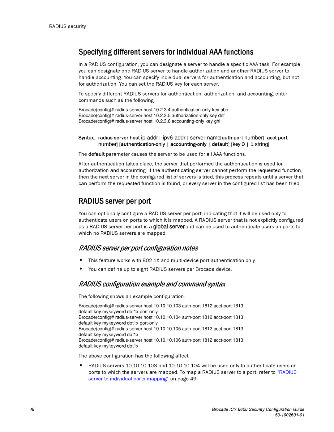 Brocade Communications Systems 6650 manual Radius server per port configuration notes 