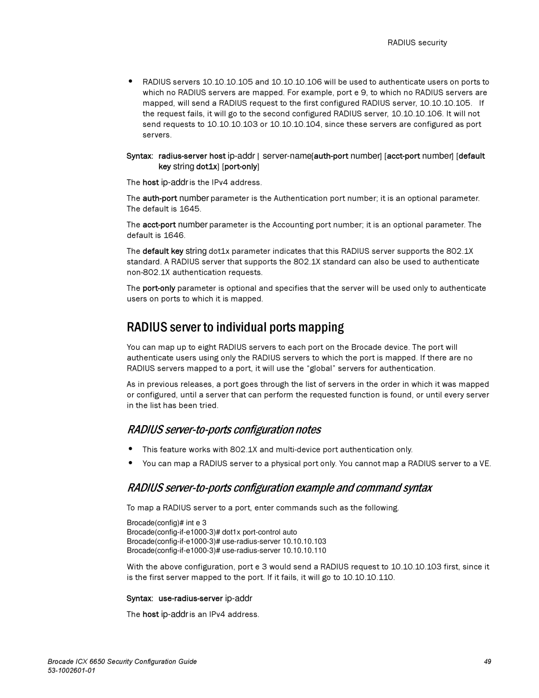 Brocade Communications Systems 6650 Radius server to individual ports mapping, Radius server-to-ports configuration notes 