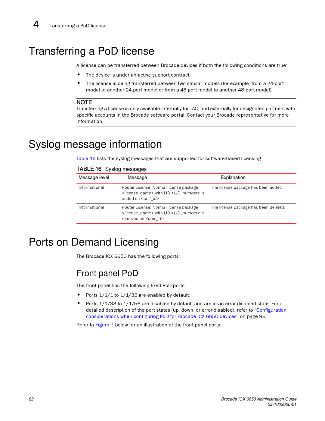 Brocade Communications Systems 6650 Transferring a PoD license, Syslog message information, Ports on Demand Licensing 