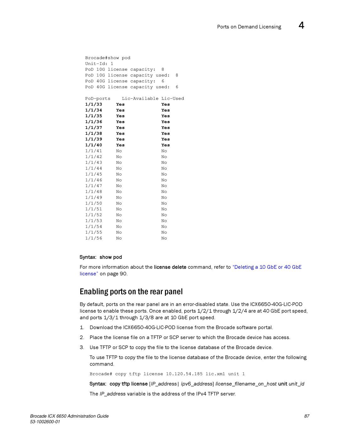 Brocade Communications Systems 6650 manual Enabling ports on the rear panel, Syntax show pod 