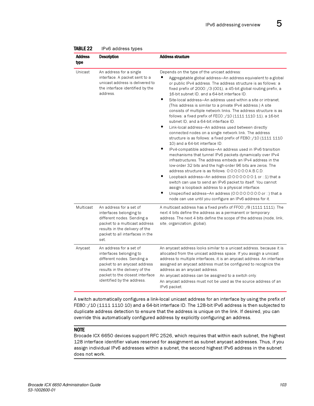 Brocade Communications Systems 6650 manual IPv6 addressing overview IPv6 address types 