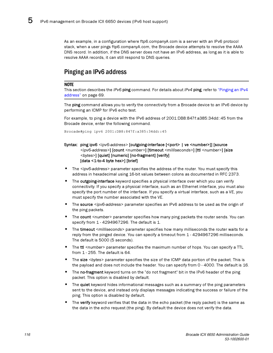 Brocade Communications Systems 6650 manual Pinging an IPv6 address 