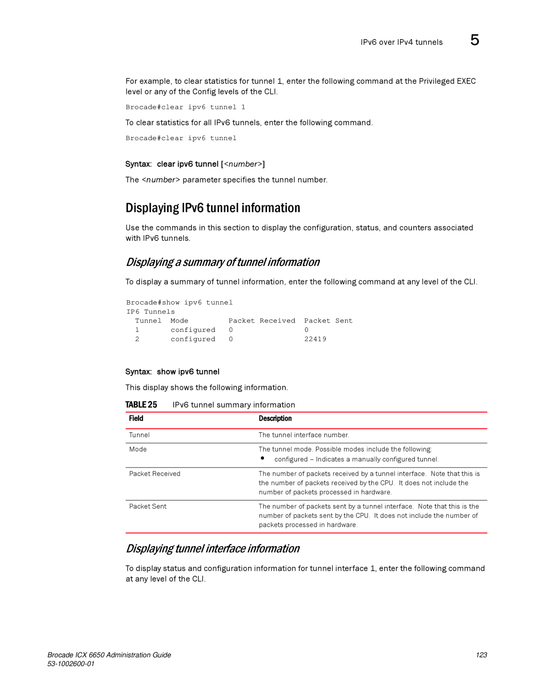 Brocade Communications Systems 6650 manual Displaying IPv6 tunnel information, Displaying a summary of tunnel information 