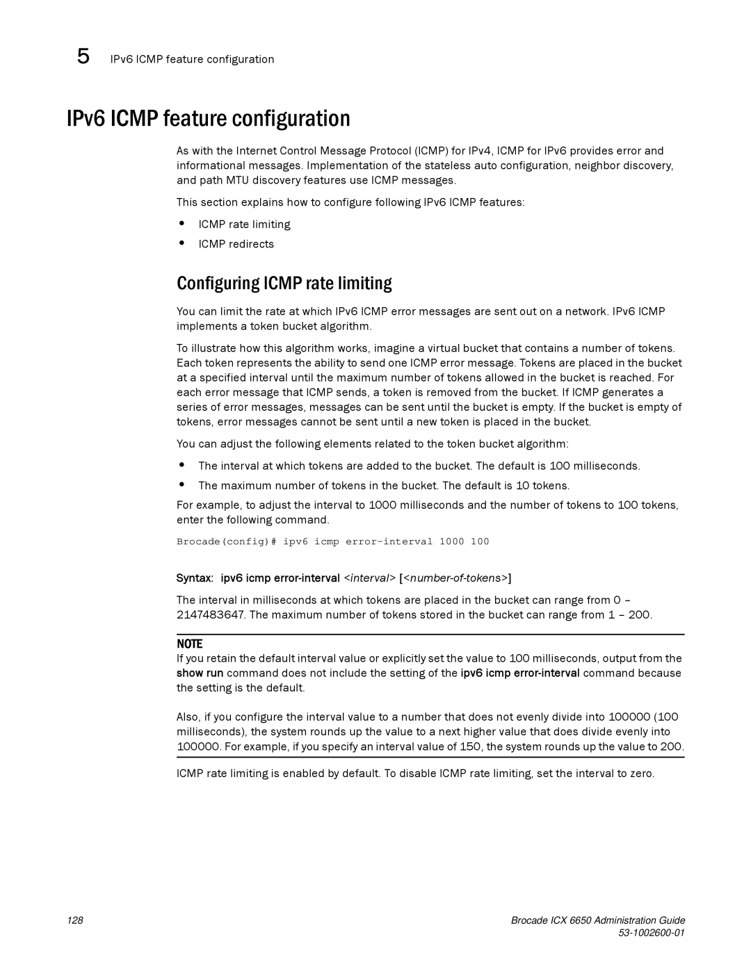 Brocade Communications Systems 6650 manual IPv6 Icmp feature configuration, Configuring Icmp rate limiting 