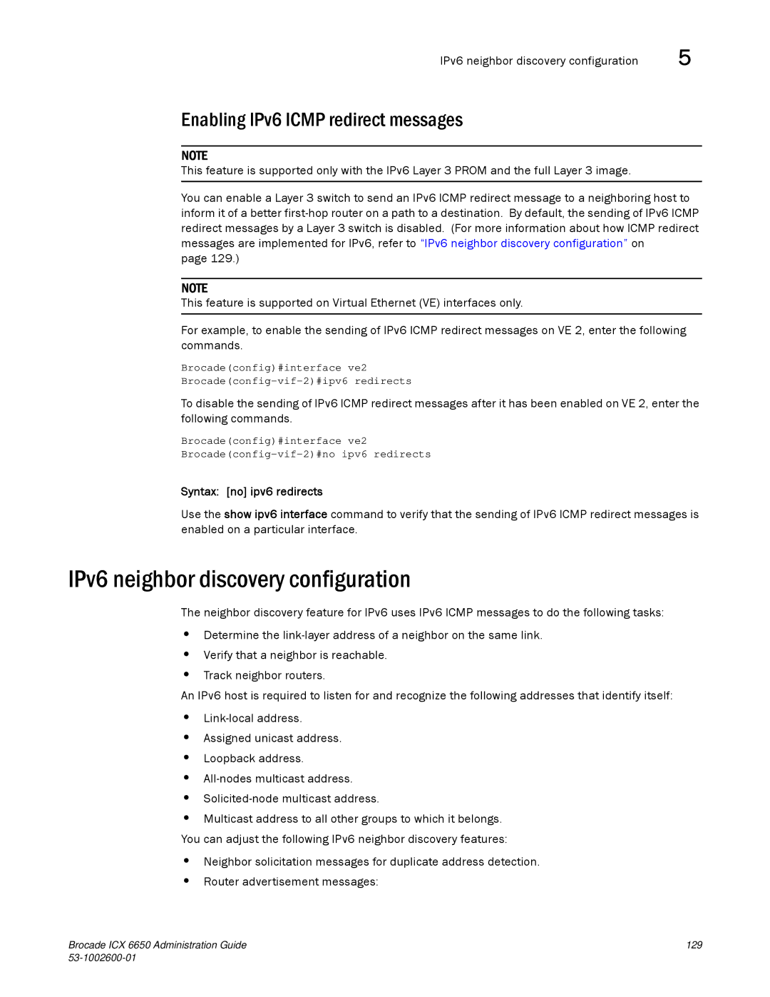 Brocade Communications Systems 6650 manual IPv6 neighbor discovery configuration, Enabling IPv6 Icmp redirect messages 