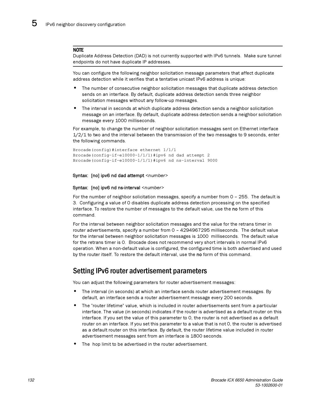 Brocade Communications Systems 6650 manual Setting IPv6 router advertisement parameters 