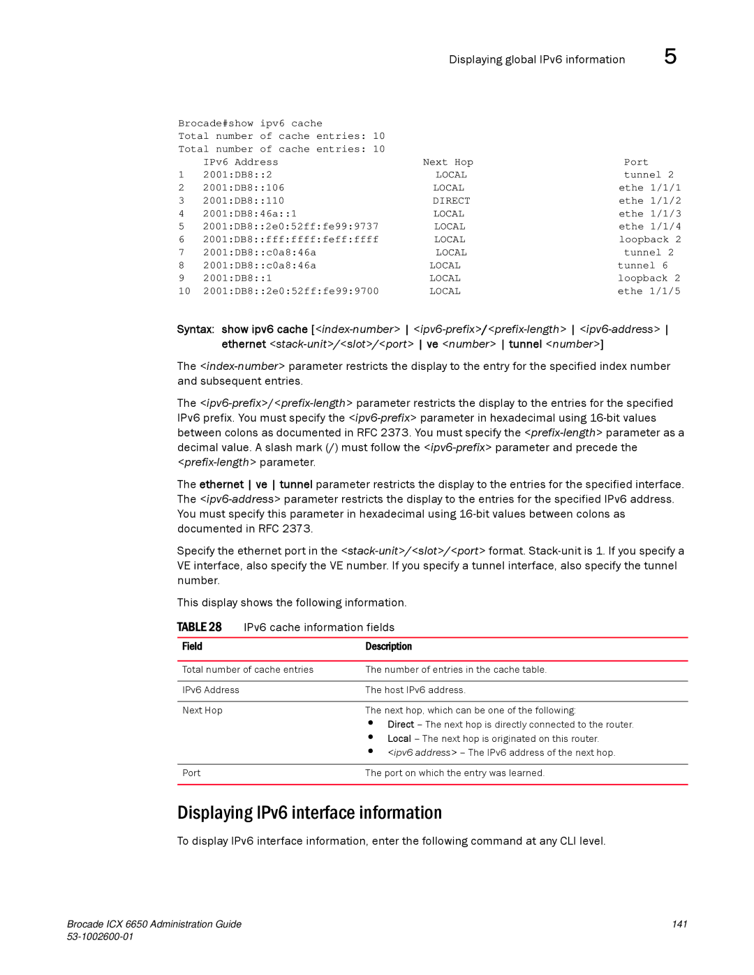 Brocade Communications Systems 6650 manual Displaying IPv6 interface information, Field Description 