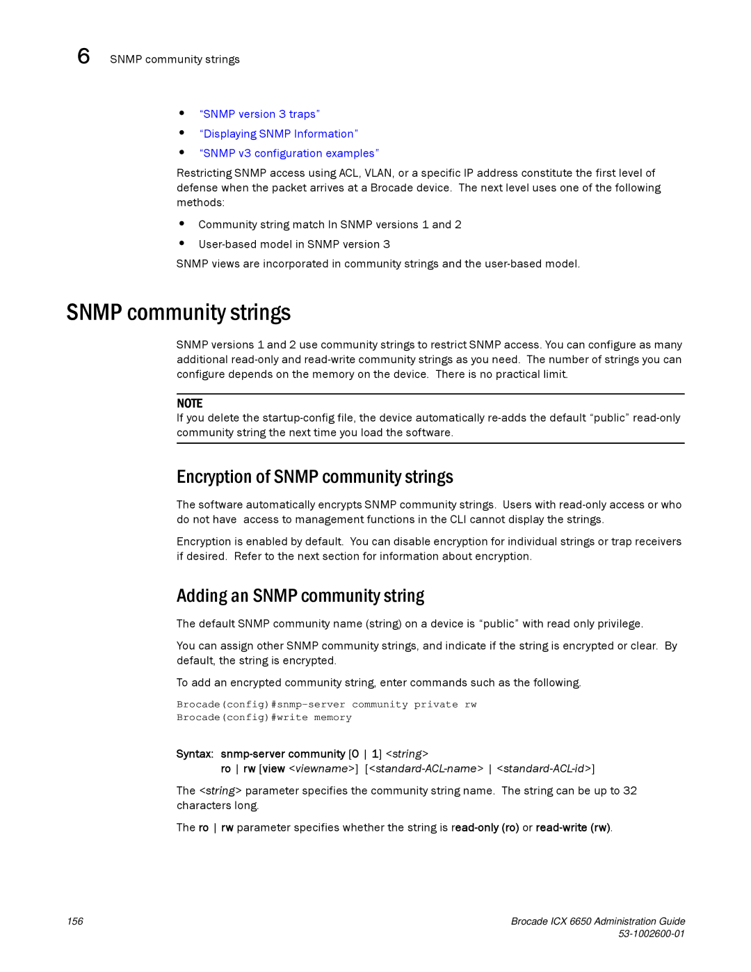 Brocade Communications Systems 6650 manual Encryption of Snmp community strings, Adding an Snmp community string 